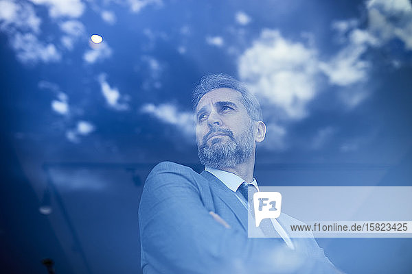 Portrait of a mature businessman behind windowpane