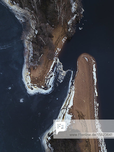 Russia Saint Petersburg Sestroretsk Aerial view of frozen shore of Gulf of Finland in winter