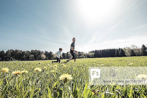 Father and little son having fun together on a meadow in spring