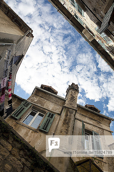 Croatia Istria Rovinj Old buildings in the city view from below