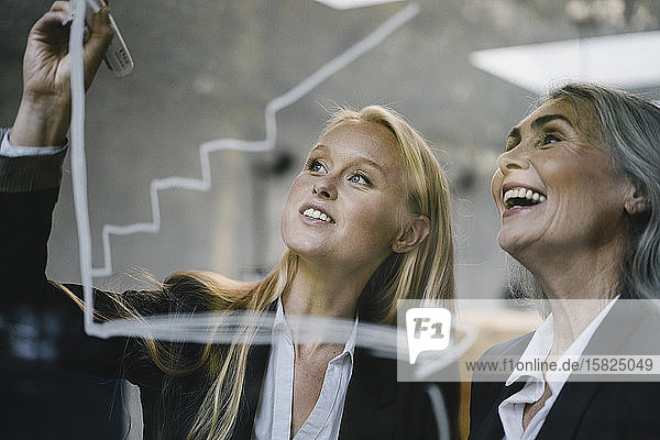 Glückliche reife und junge Geschäftsfrau  die im Büro auf einer Glasscheibe ein Diagramm zeichnet