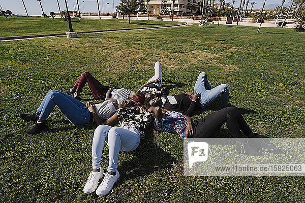 Teenager-Freundinnen und junger Mann liegen zusammen auf einer Wiese