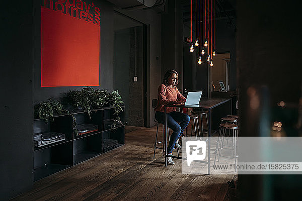 Junge Frau mit Laptop in einem Café