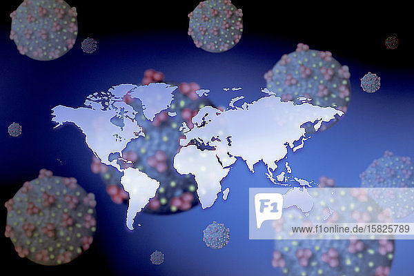 Digital erzeugtes Bild einer Weltkarte mit Coronavirus
