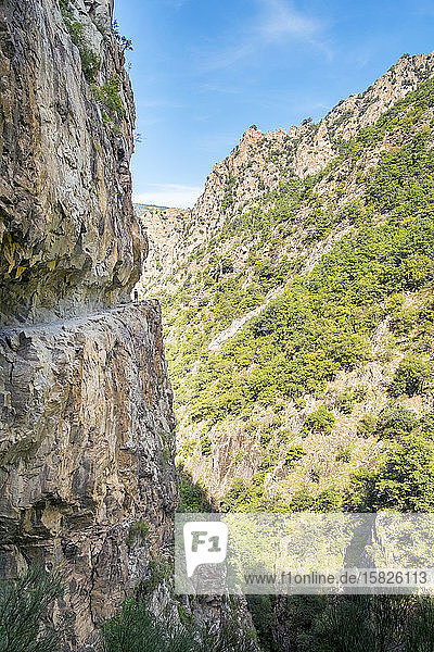 Ein Wanderer steht neben der Felskante in den Gorges de la CaranÃ§a  Frankreich