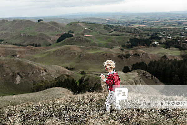 Junge im Vorschulalter schaut auf grüne Hügel