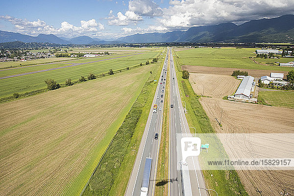Aerial view of Trans-Canada Highway in Chilliwack  B.C.  Canada.
