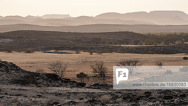 hilly and arid landscape of the Namibian desert at sunrise