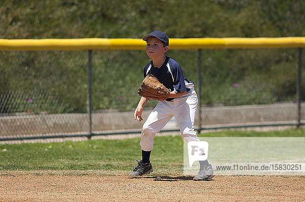 Little League-Baseball-Infielder bereit für einen Groundball