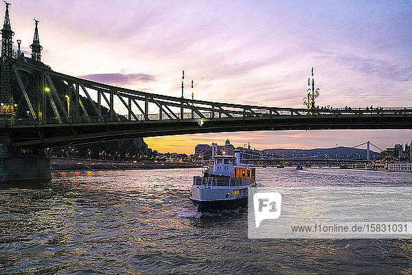 Freiheitsbrücke bei Sonnenuntergang mit Elisabeth-Brücke und einem Kreuzfahrtschiff