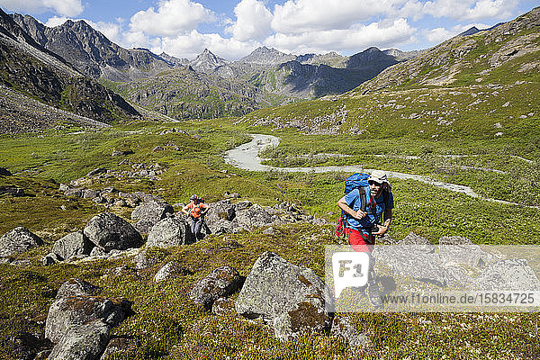Couple hikes up Wintergreen Creek  Talkeetna Mountains  Alaska