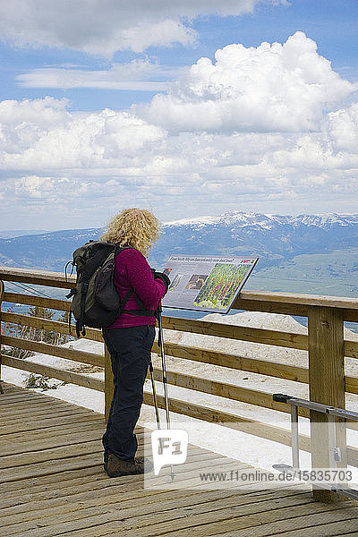 Wanderer liest ein Informationsschild auf dem Rendezvous-Berg