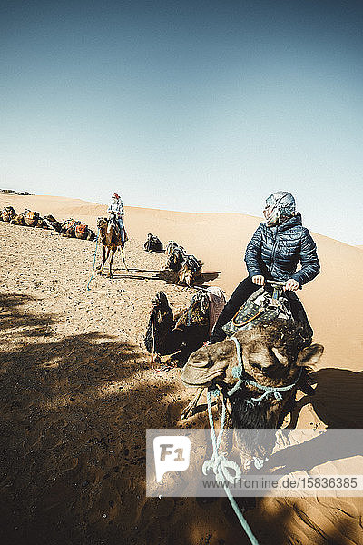 people riding dromedary through the desert