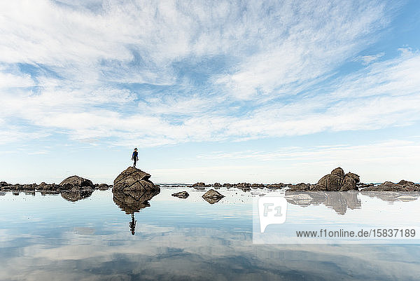 Zwischen Junge steht auf Felsen im Wasser in Neuseeland