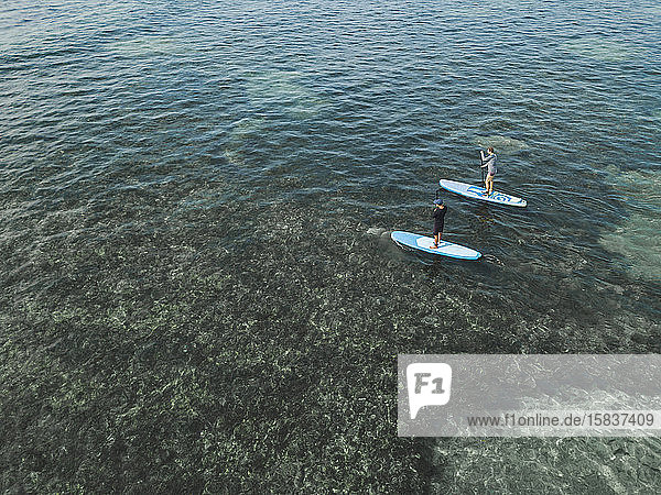 Aerial view of sup surfers