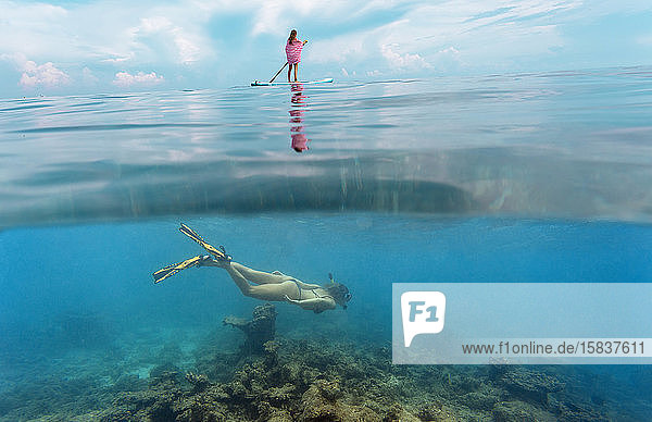 Junge Frauen haben Spaß am Meer  Unterwasserblick