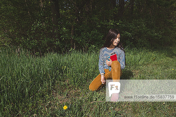 Ein friedliches Mädchen sitzt im hohen Gras und schaut mit einem Buch im Arm davon