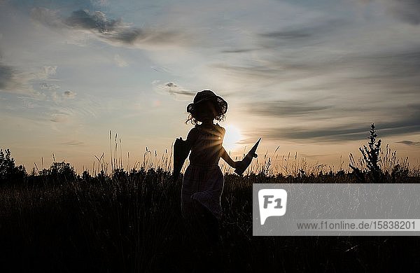 Silhouette eines Mädchens  das im Sommer bei Sonnenuntergang auf einer Wiese läuft