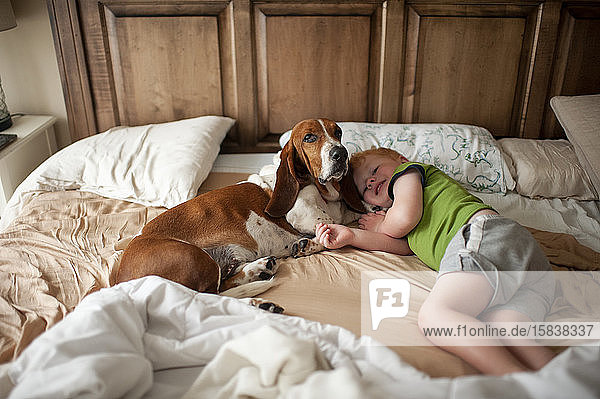 Toddler boy waking up in bed with basset hound dog next to him at home
