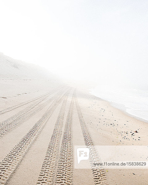 Reifenspuren verblassen in der Ferne an einem einsamen Strand