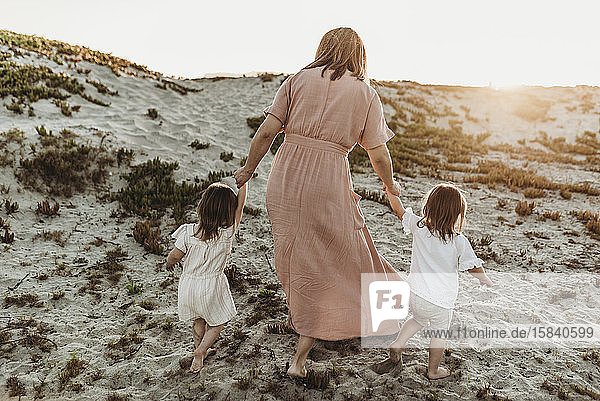 Hinteransicht einer Mutter  die mit ihren kleinen Zwillingen im Sand zum Meer geht