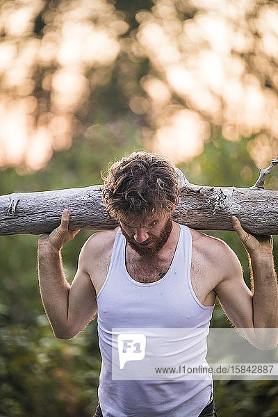 Cropped view of man resting log on shoulders during workout.