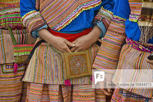 A Hmong group of girls in colorful traditional embroidered dresses