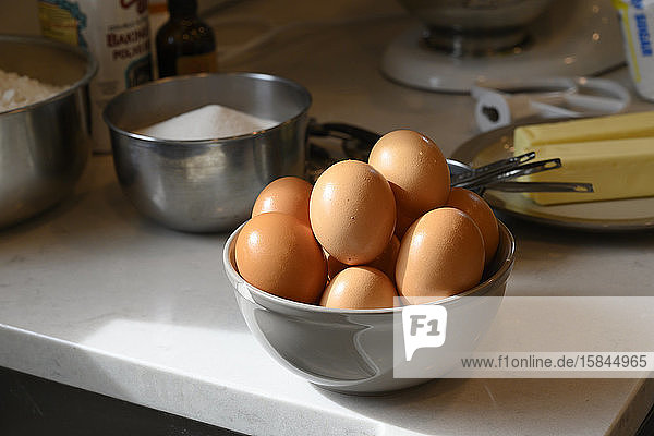 Eggs in a bowl on a kitchen counter
