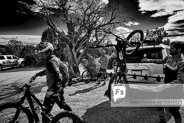 Mountain bikers preparing to ride in Grand Junction  Colorado.
