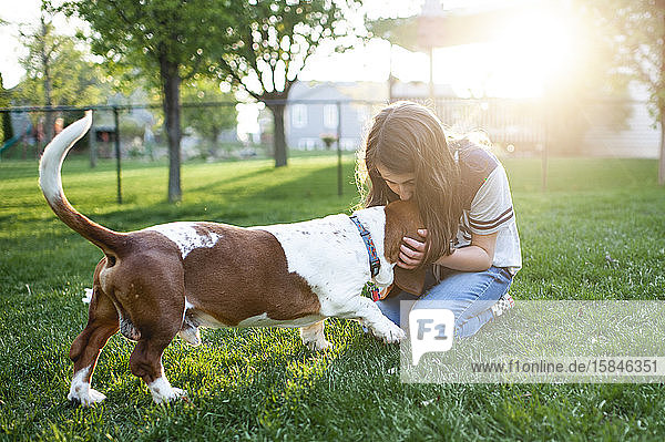 Tween girl kissing Basset Hound dog on head in the green grass at home