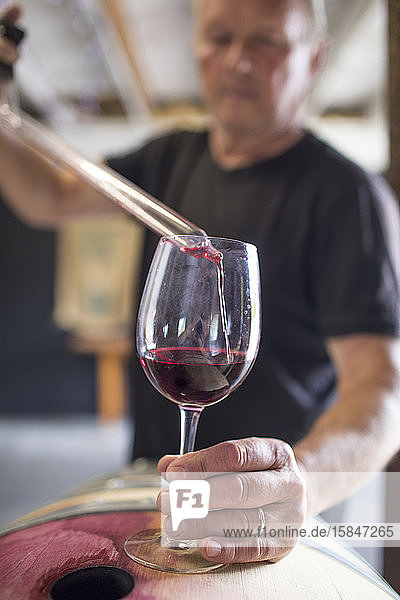 sommelier pours wine into a glass from a barrel using a pipette