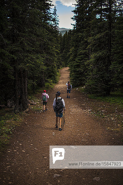 Father and two teen sons walking on trail after fishing in the Canadian Rockies