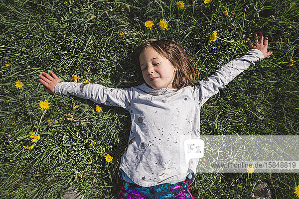 Ein glückliches Kind legt sich in ein Feld mit Wildblumen mit geschlossenem Editorial