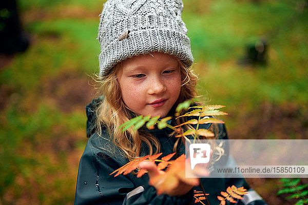 Charmantes warm gekleidetes Mädchen  das einen Zweig mit Herbstblättern hält