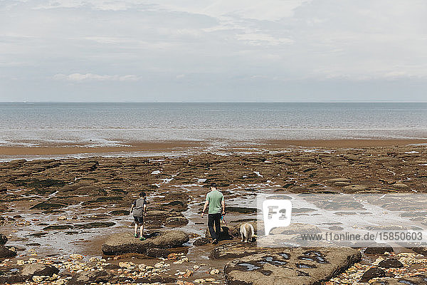 Vater  Sohn und Hund gehen über Felsen in Richtung Meer