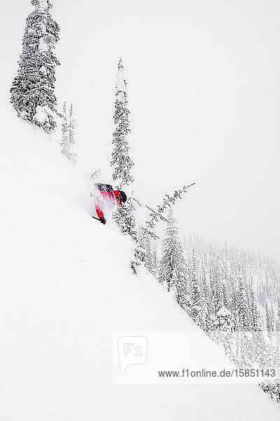 Ein männlicher Skifahrer findet im kanadischen Hinterland Tiefschnee.