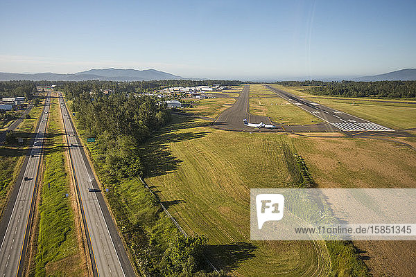 High angle view of Interstate 5 and Bellingham International Airport
