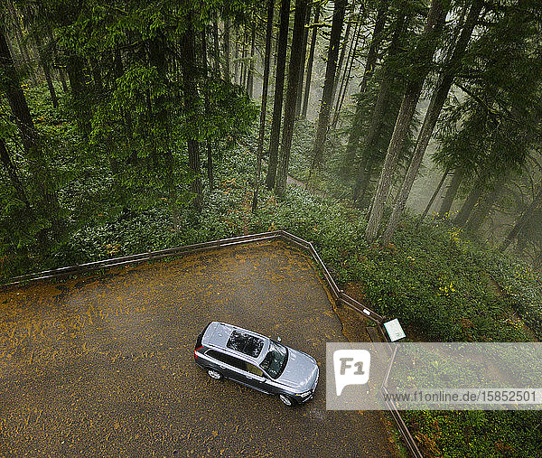 SUV-Auto an der Abzweigung auf Waldweg geparkt