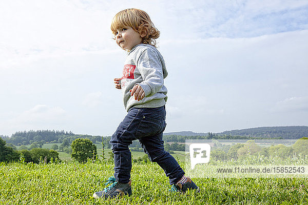 a little boy having fun on a green field in the country side  Caurel Brittany  France.