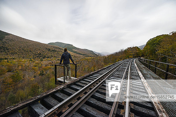 Abandoned Railroad Trestle high above New england autumn forest