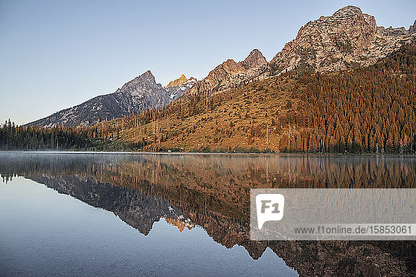 Tetons at sunrise reflected in still waters of String Lake  Wyoming