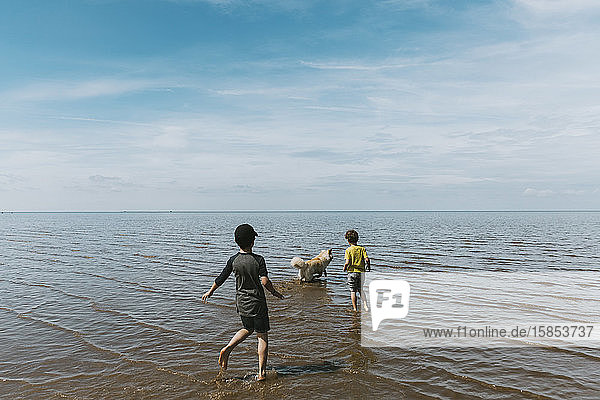 Zwei Brüder und ein Hund spielen im Meer gegen bewölkten Himmel