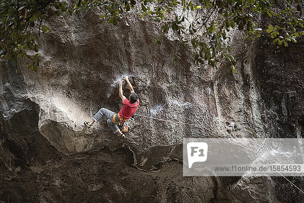 Ein Mann in Rot hält sich beim Klettern mit beiden Händen an der Felswand