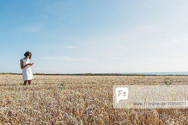 Pretty woman in the middle of golden field using a smartphone.
