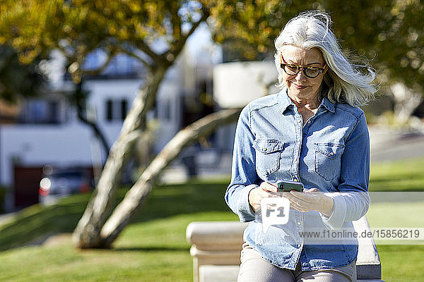 Lächelnde Frau  die ein Smartphone benutzt  während sie an der Stützmauer im Park an einem sonnigen Tag steht