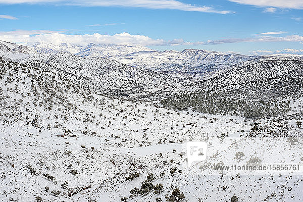 Atlas Mountains landscape during winter snow Ouarzazate Province Morocco