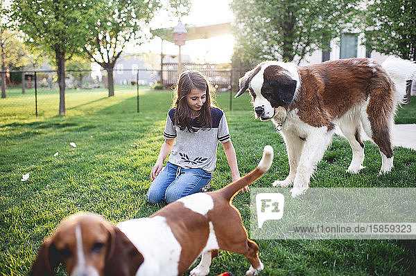 Zwischen Mädchen sitzt im Gras und spielt mit 2 Hunden im heimischen Garten