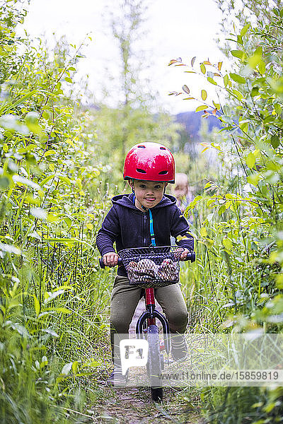 Toddler boy riding balance bike through forest.
