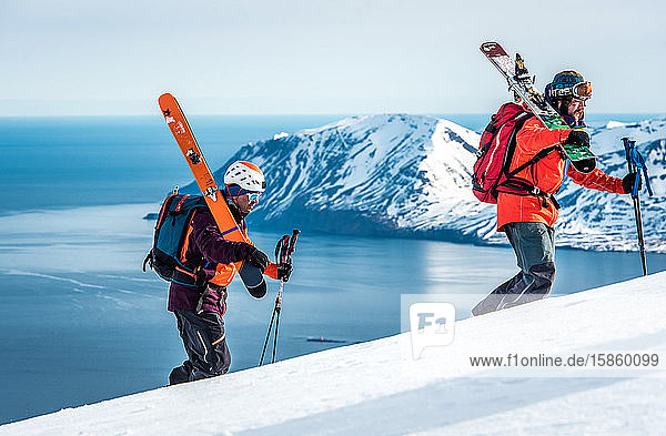Men hiking uphill with skis and ocean and mountain behind them