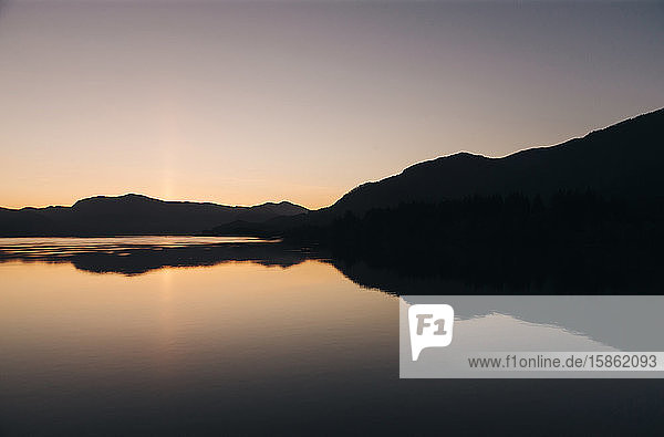 The Columbia River at sunset in the Columbia Gorge.